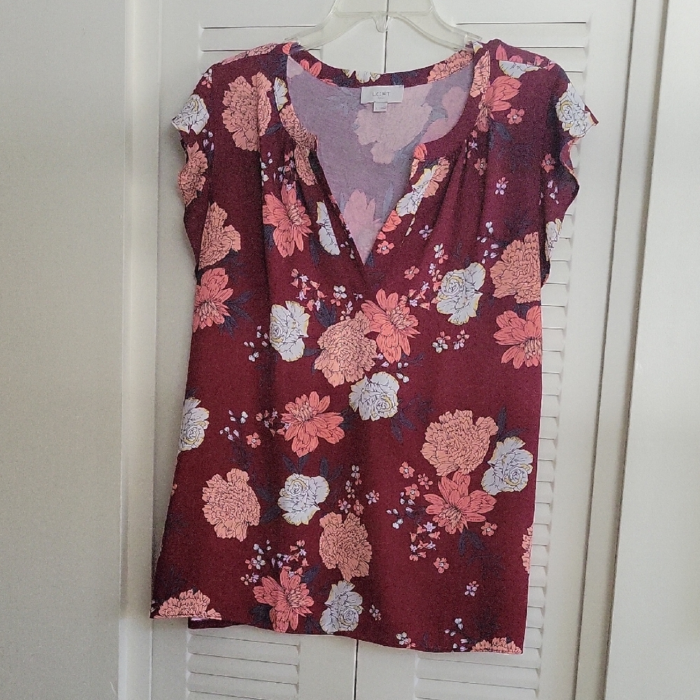 LOFT Burgundy Floral Blouse